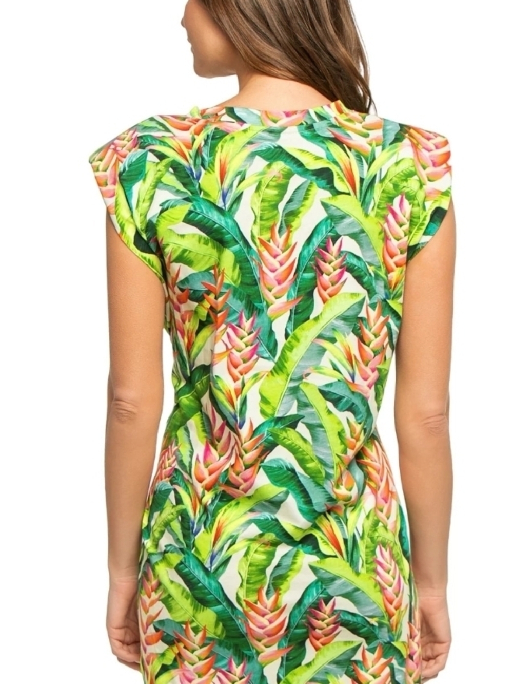 FARM Rio Tropical Leaf & Heliconia Print Mini Dress in Green, Pink, Orange - Picture 3 of 4